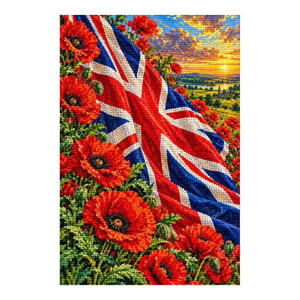 Diamond-finished Union Jack and red poppies artwork on a white background