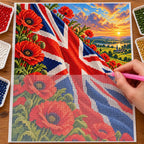Hand placing diamond drills on the Union Jack poppies canvas beside trays of drills