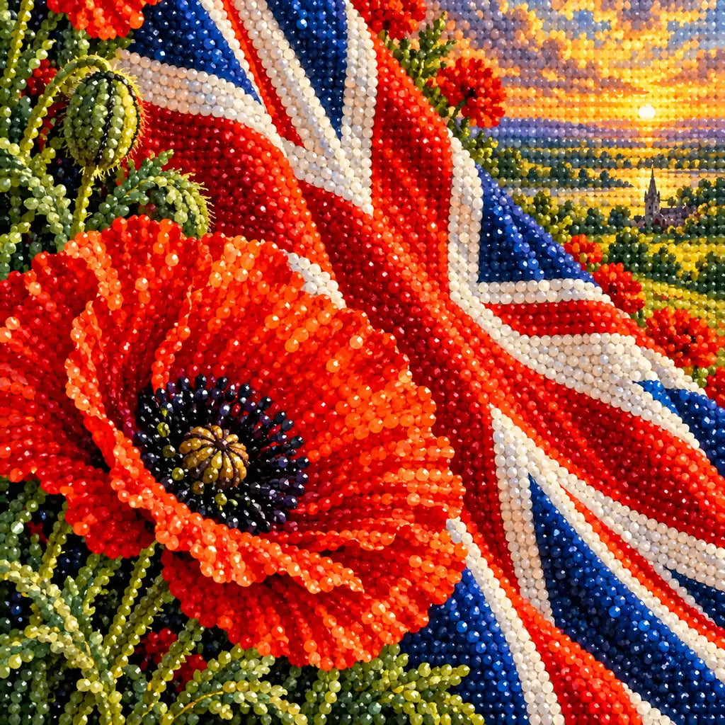 Close-up of faceted drills forming red poppies and the Union Jack