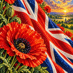 Close-up of faceted drills forming red poppies and the Union Jack