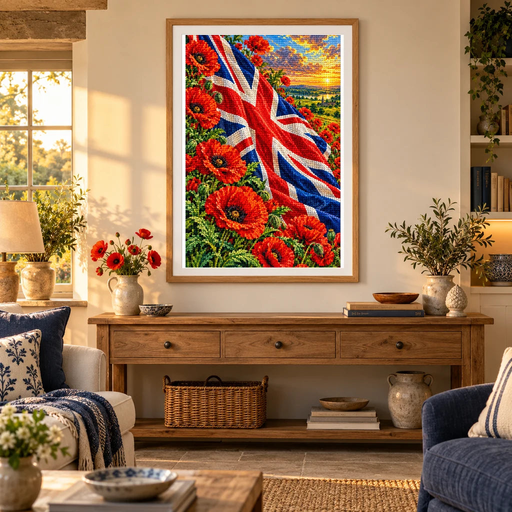 Framed Union Jack poppies diamond painting displayed in a bright home interior