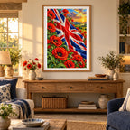 Framed Union Jack poppies diamond painting displayed in a bright home interior