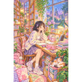 Original white-background artwork of a student reading at a desk in a university library nook