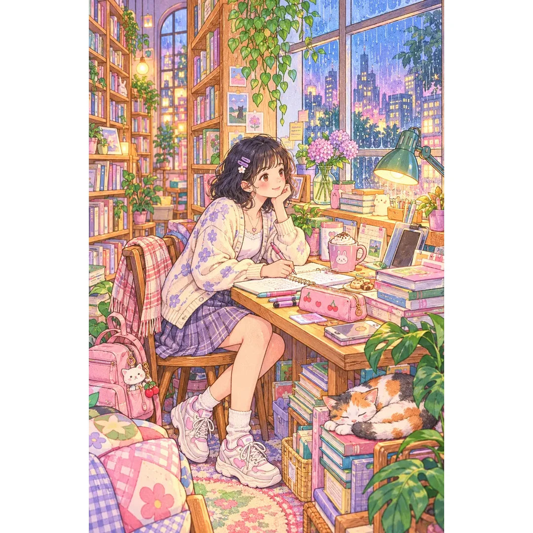 Original white-background artwork of a student reading at a desk in a university library nook