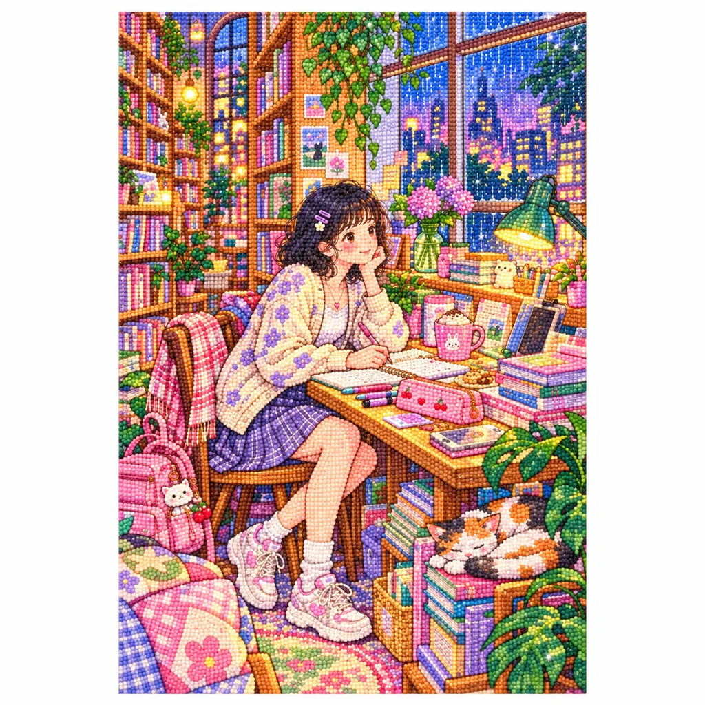 White-background diamond-painted canvas showing a student reading at a desk in a university library nook