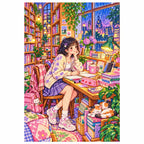 White-background diamond-painted canvas showing a student reading at a desk in a university library nook