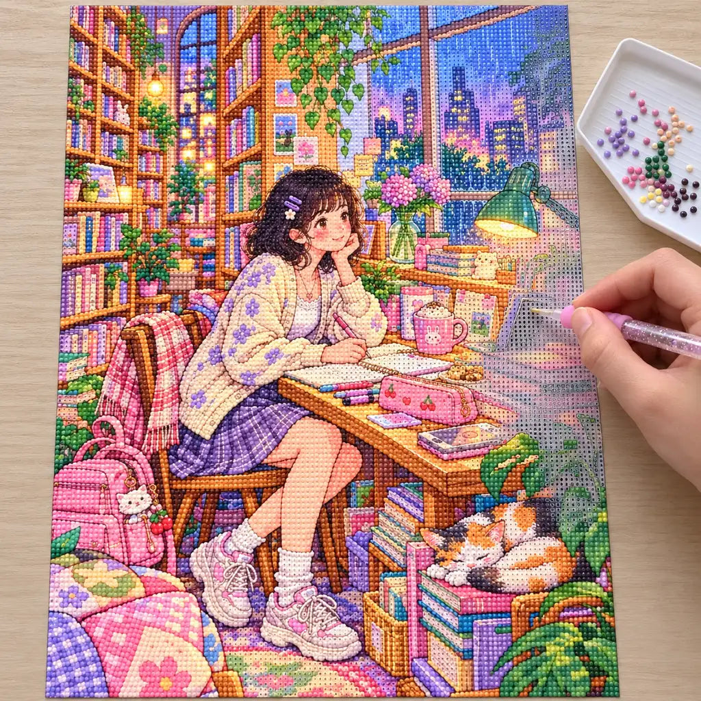 Hands placing diamond drills on the university library nook canvas