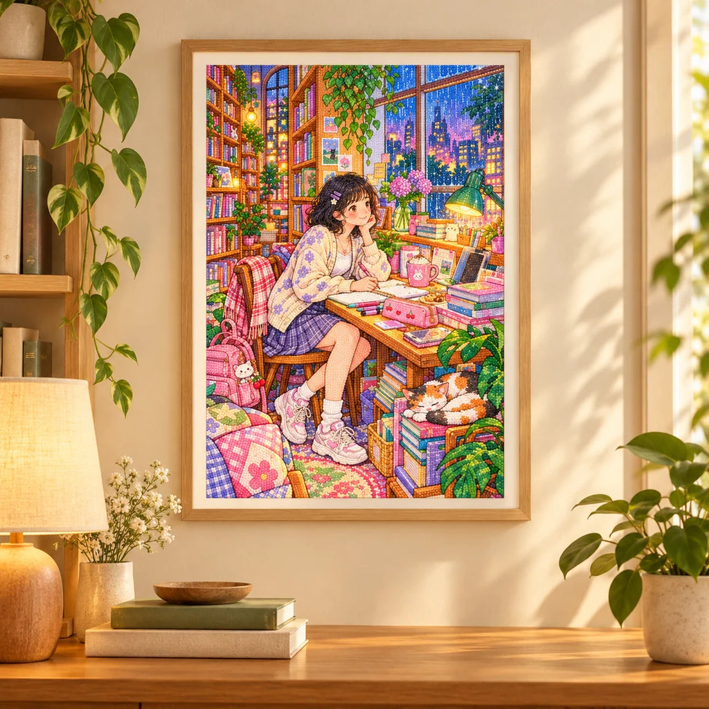 Framed diamond painting of a student reading at a desk in a university library nook displayed in a home interior
