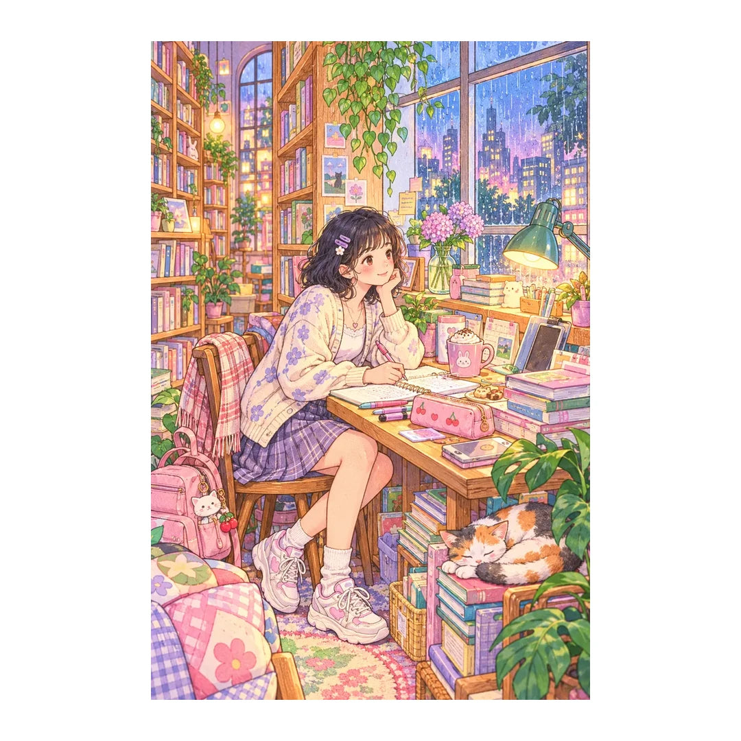 Original white-background artwork of a student reading at a desk in a university library nook
