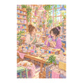 White-background original artwork of two students painting pottery together in a colorful university art studio for a diamond painting kit