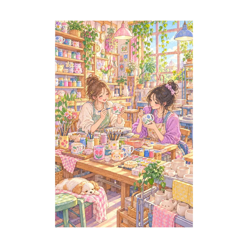 White-background original artwork of two students painting pottery together in a colorful university art studio for a diamond painting kit