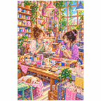 White-background finished diamond painting of two students painting pottery together in a colorful university art studio with sparkling drills