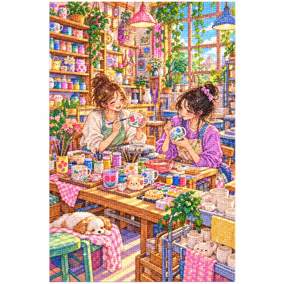 White-background finished diamond painting of two students painting pottery together in a colorful university art studio with sparkling drills