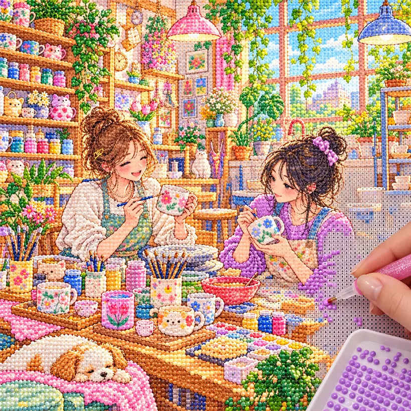 Diamond painting process showing two students painting pottery together in a colorful university art studio being completed with a stylus