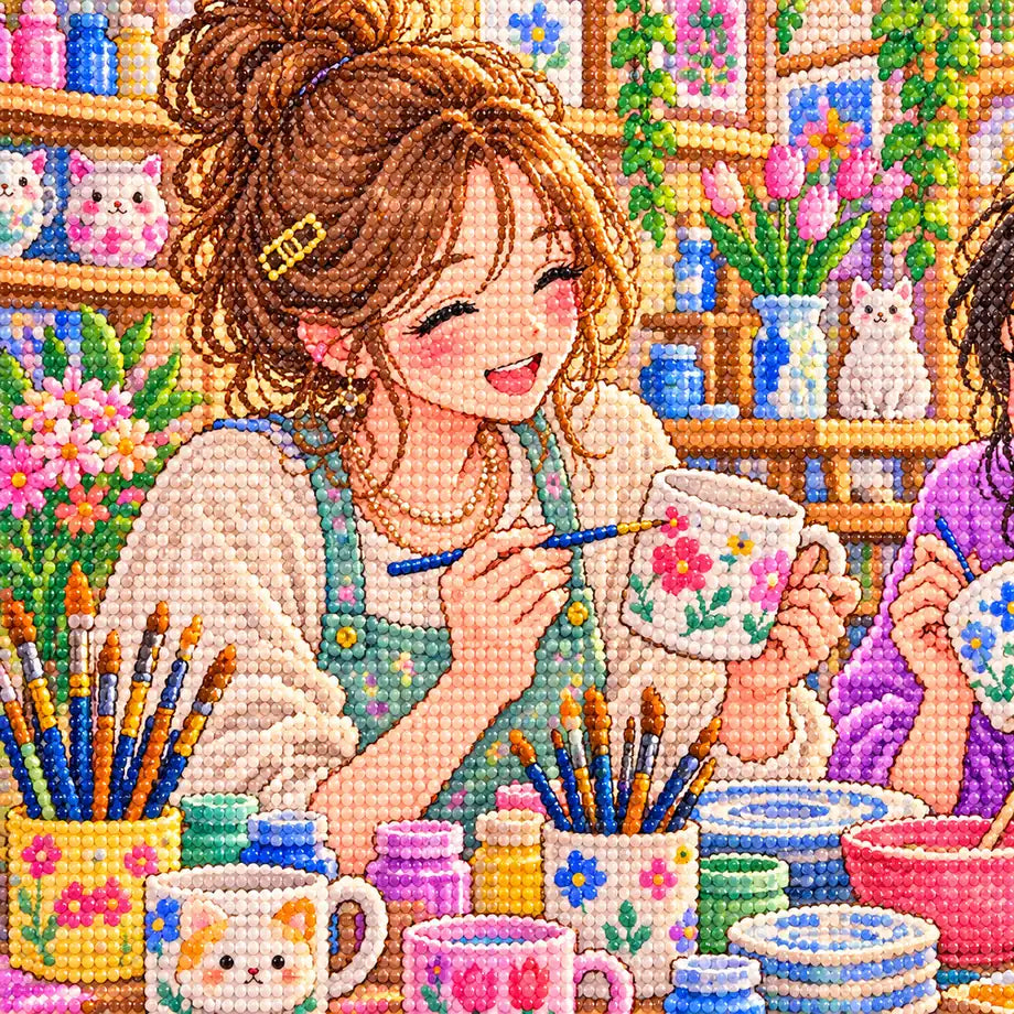Close-up diamond drill detail of two students painting pottery together in a colorful university art studio artwork