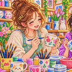Close-up diamond drill detail of two students painting pottery together in a colorful university art studio artwork