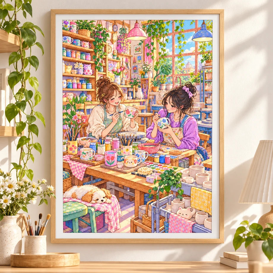 Framed two students painting pottery together in a colorful university art studio diamond painting displayed as home decor