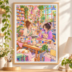 Framed two students painting pottery together in a colorful university art studio diamond painting displayed as home decor