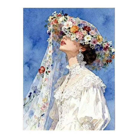 White-background original artwork of a bride looking upward beneath a colorful floral veil