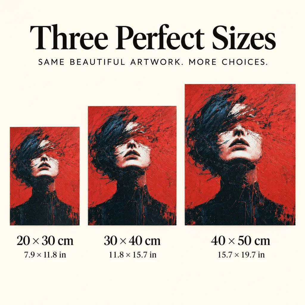 Upward-Looking Woman in Red and Black: sizes