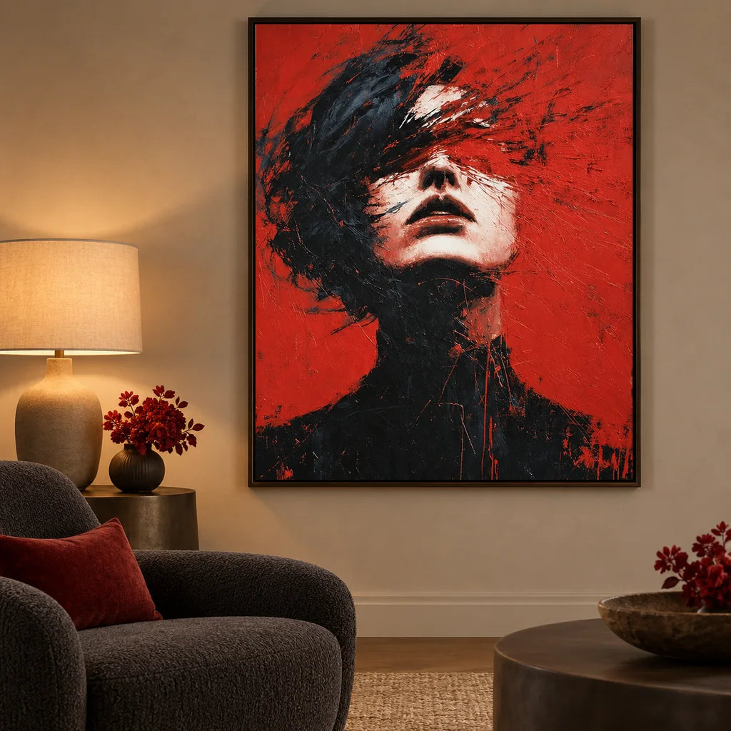 Upward-Looking Woman in Red and Black: scene