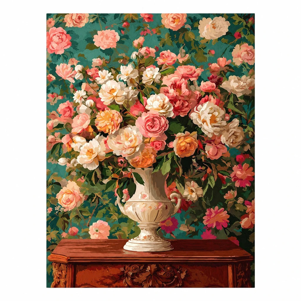 Original artwork showing a decorative urn filled with coral and cream roses.