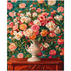 Finished diamond painting of a decorative urn filled with coral and cream roses.