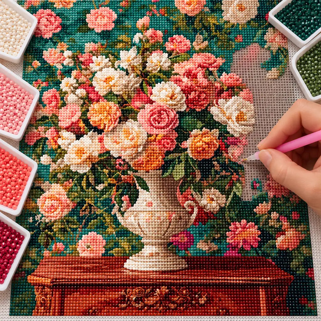 Diamond painting process for a decorative urn filled with coral and cream roses.