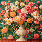 Close-up of diamond drill details in a decorative urn filled with coral and cream roses.