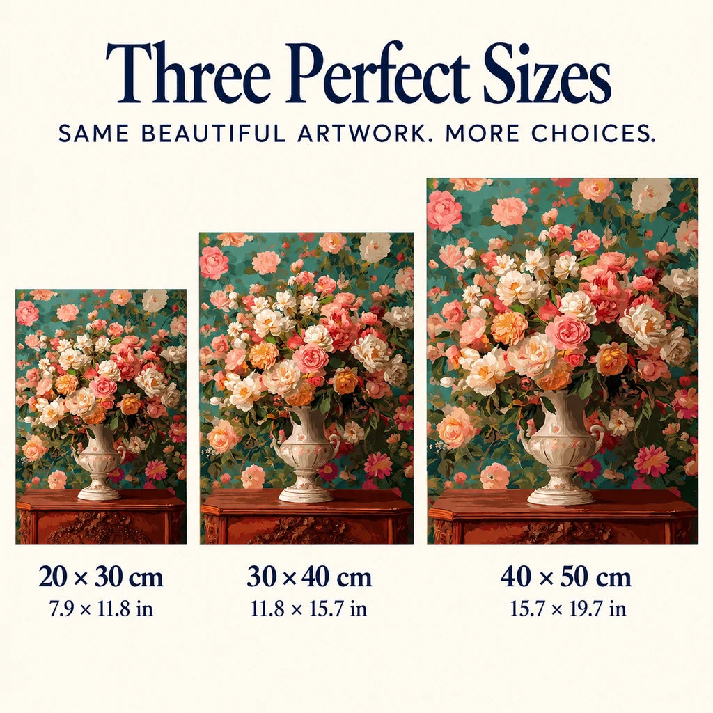 Size guide for Urn of Coral and Cream Roses Diamond Painting Kit: 20 × 30 cm, 30 × 40 cm, and 40 × 50 cm.