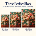 Size guide for Urn of Coral and Cream Roses Diamond Painting Kit: 20 × 30 cm, 30 × 40 cm, and 40 × 50 cm.