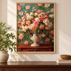 Home decor scene showing a decorative urn filled with coral and cream roses displayed on a wall.