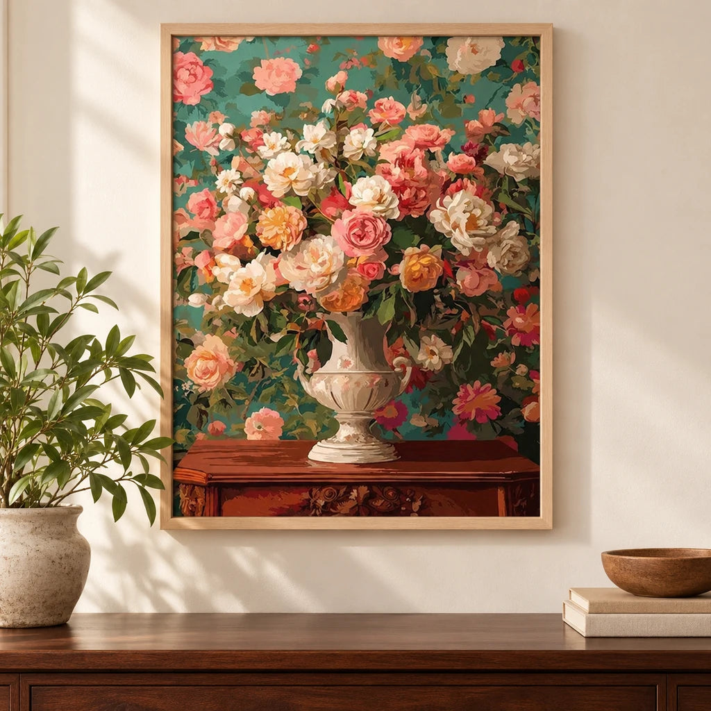 Home decor scene showing a decorative urn filled with coral and cream roses displayed on a wall.