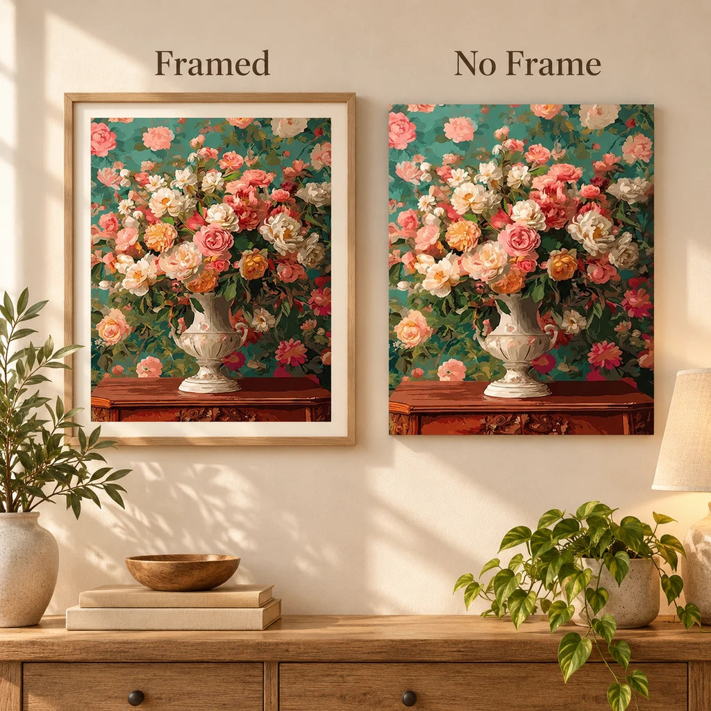 Framed and no-frame comparison for Urn of Coral and Cream Roses Diamond Painting Kit.