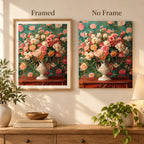 Framed and no-frame comparison for Urn of Coral and Cream Roses Diamond Painting Kit.