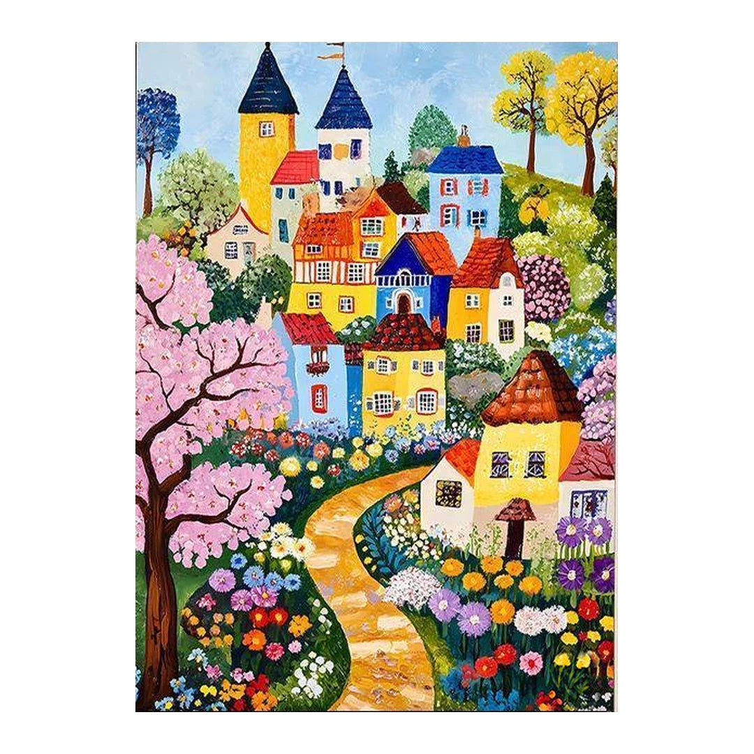 Colorful castle village with blossoms original artwork on a white background