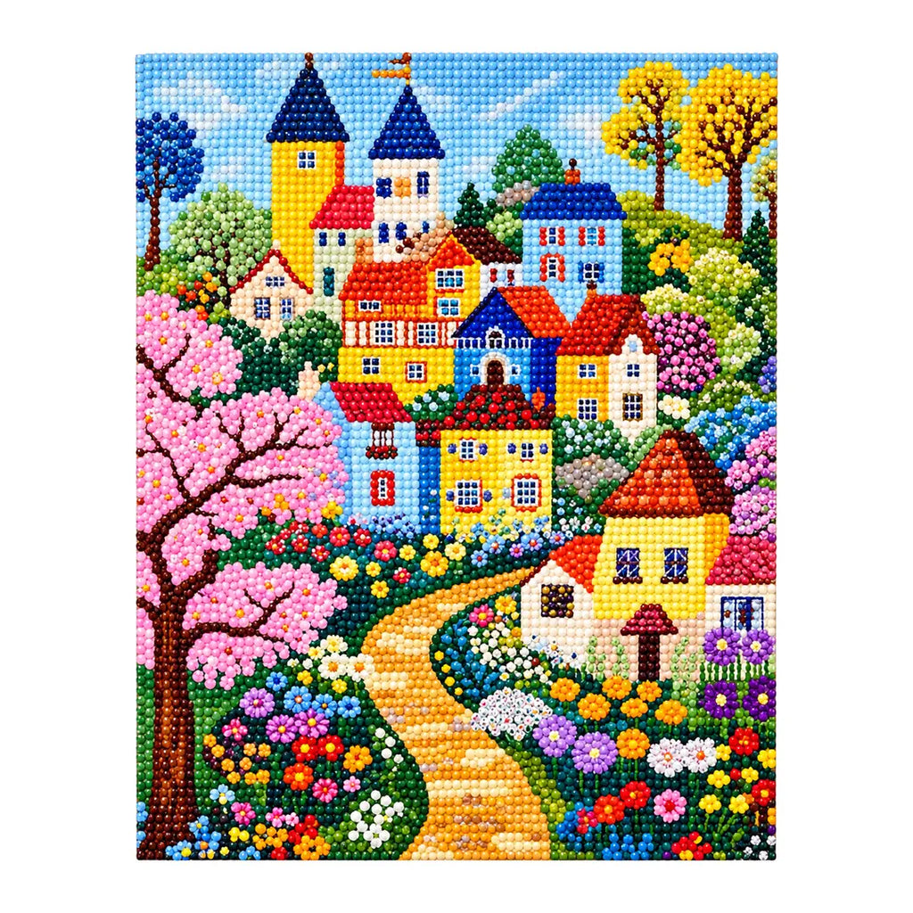 Colorful castle village with blossoms diamond painting finished artwork on a white background