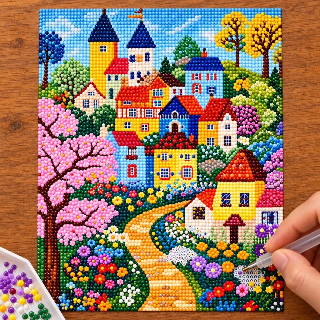 Colorful castle village with blossoms diamond painting process