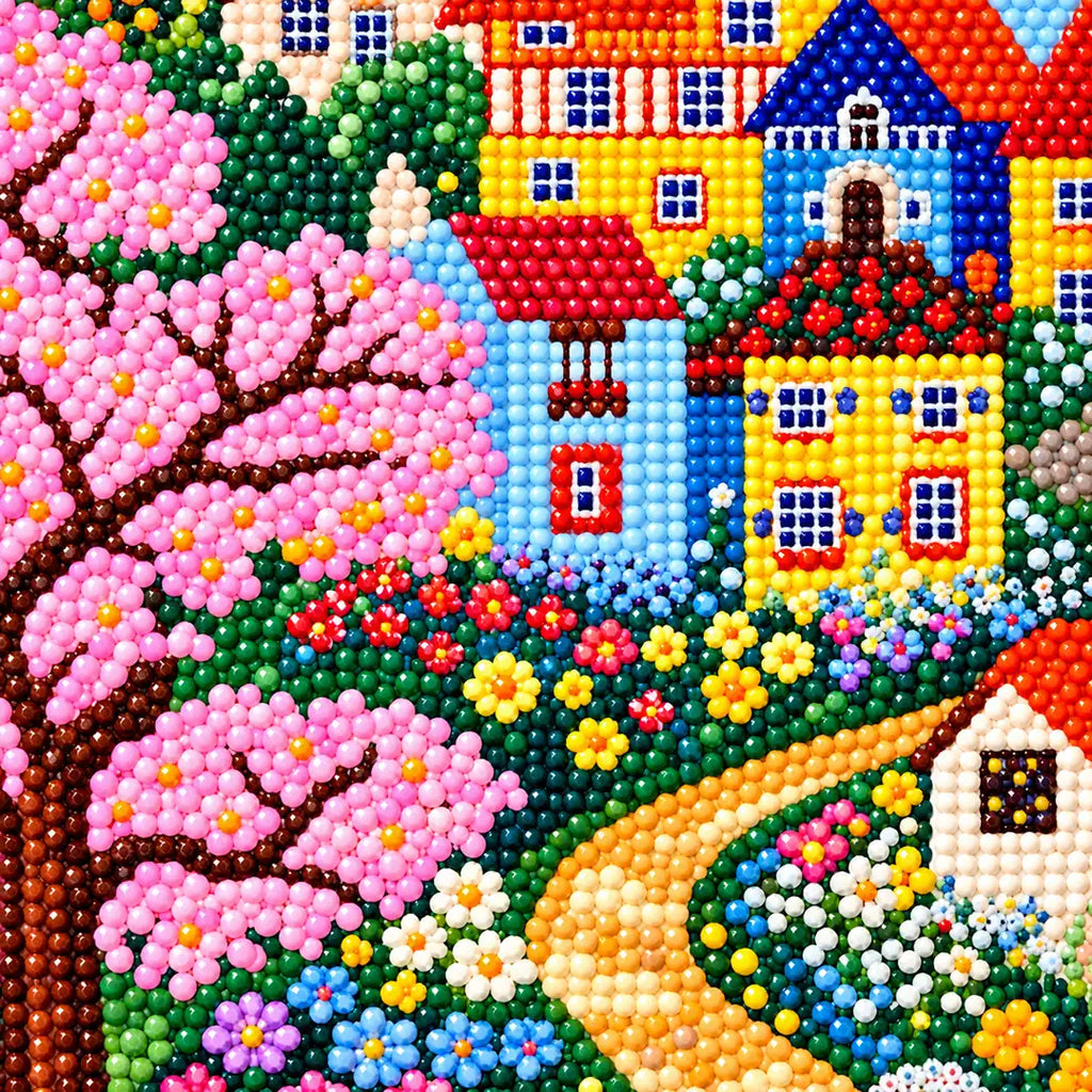 Close-up detail of colorful castle village with blossoms diamond painting drills