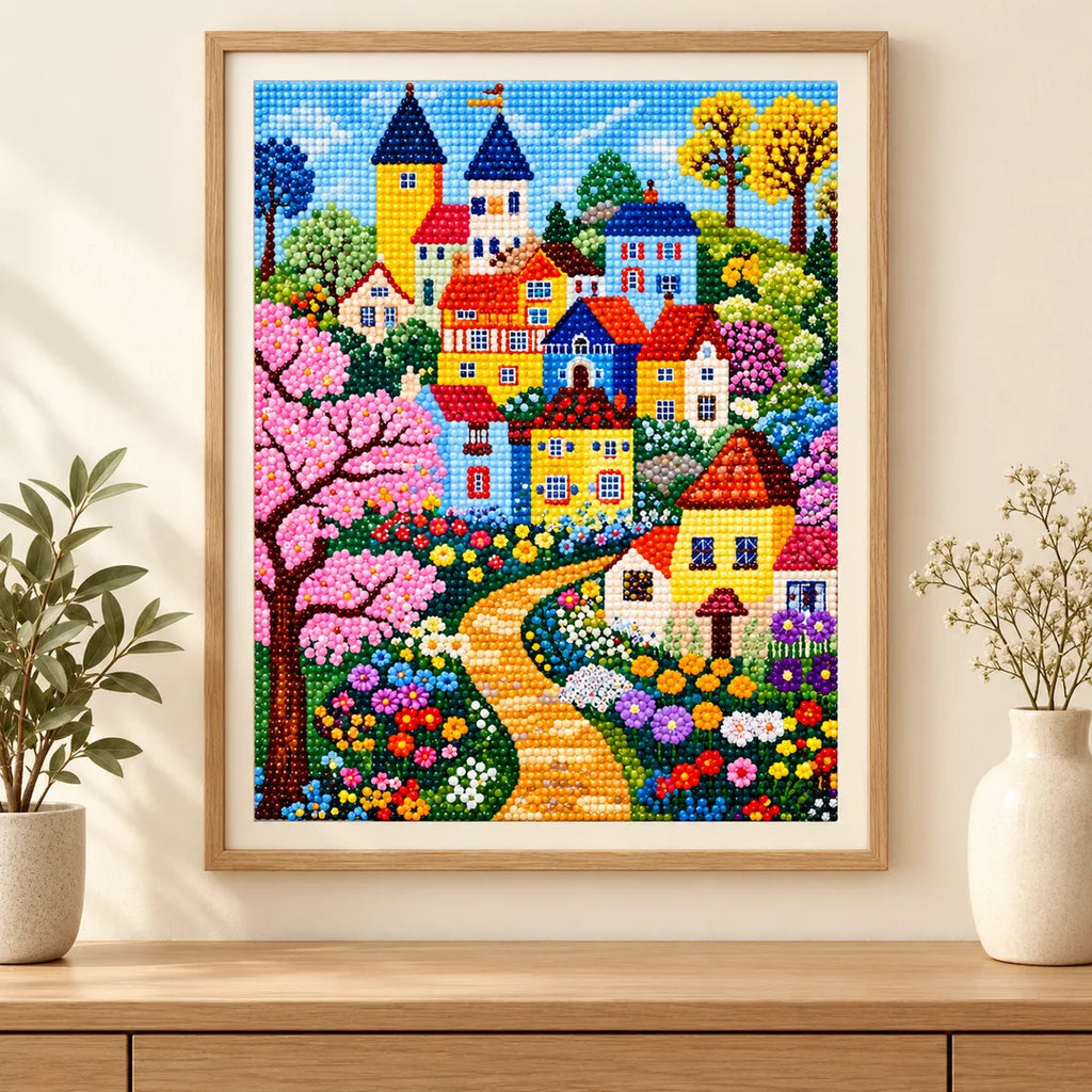 Colorful castle village with blossoms diamond painting displayed in a home