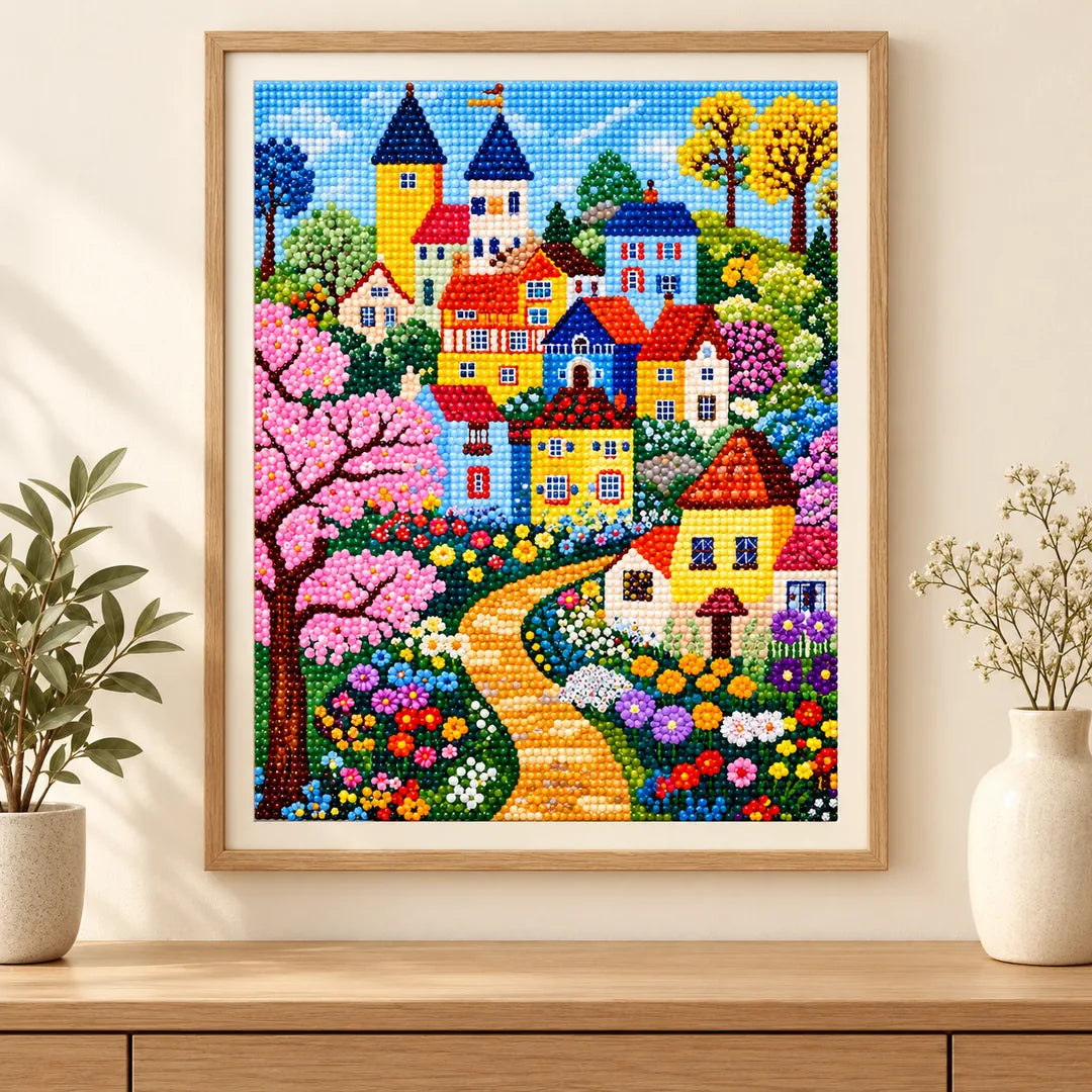 Colorful castle village with blossoms diamond painting displayed in a home