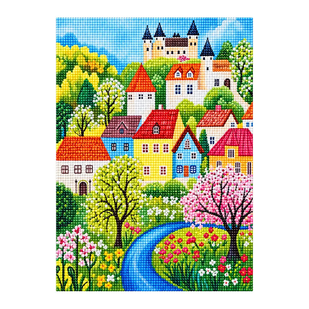 castle river blossom village diamond painting finished artwork on a white background