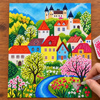 castle river blossom village diamond painting process