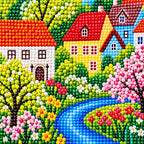 Close-up detail of castle river blossom village diamond painting drills