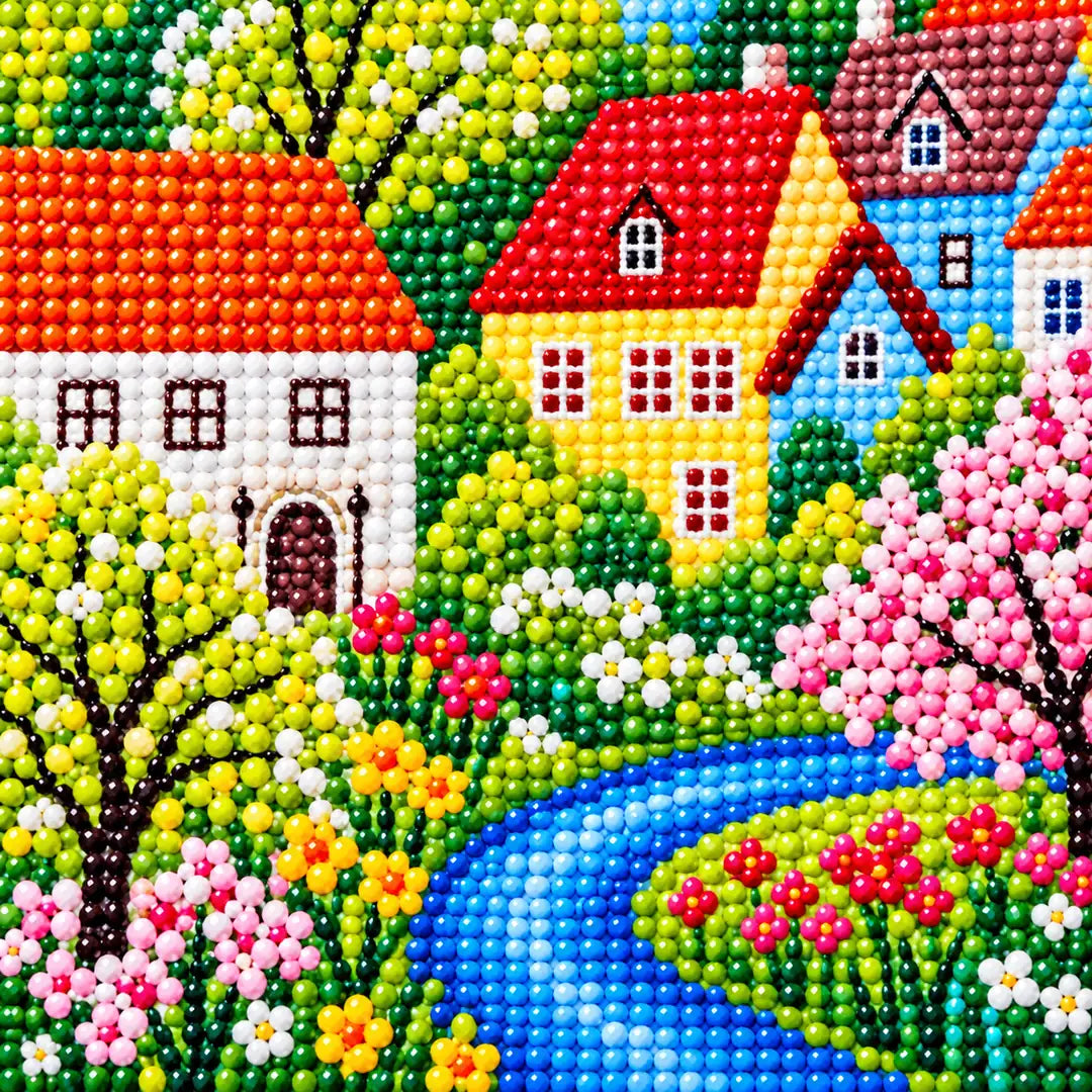 Close-up detail of castle river blossom village diamond painting drills