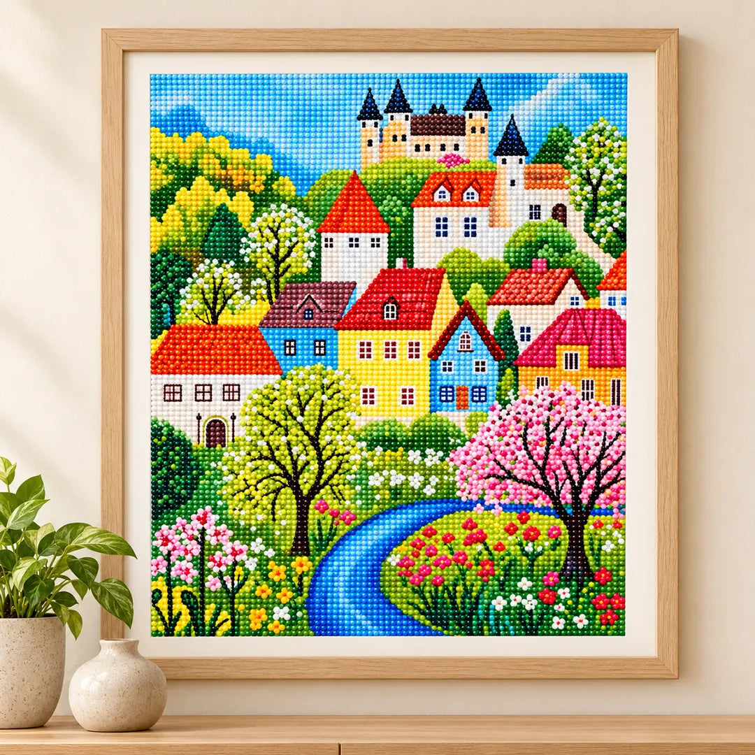 castle river blossom village diamond painting displayed in a home