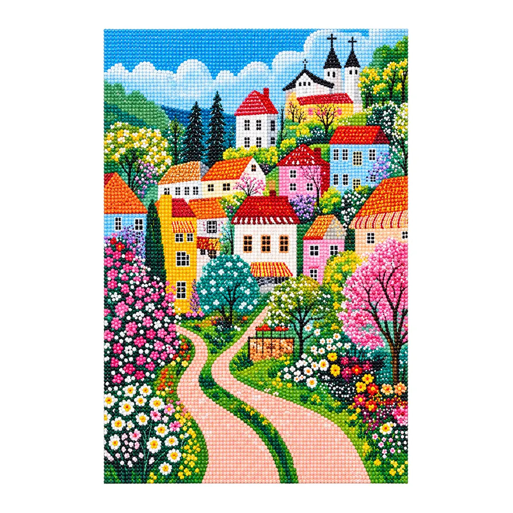 floral village forked path diamond painting finished artwork on a white background