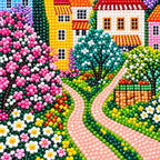 Close-up detail of floral village forked path diamond painting drills