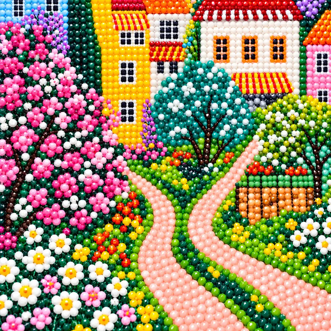 Close-up detail of floral village forked path diamond painting drills