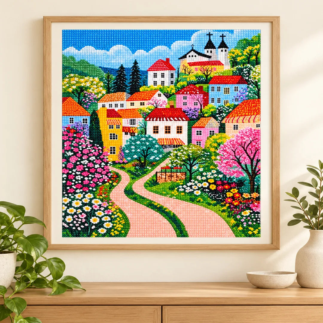 floral village forked path diamond painting displayed in a home